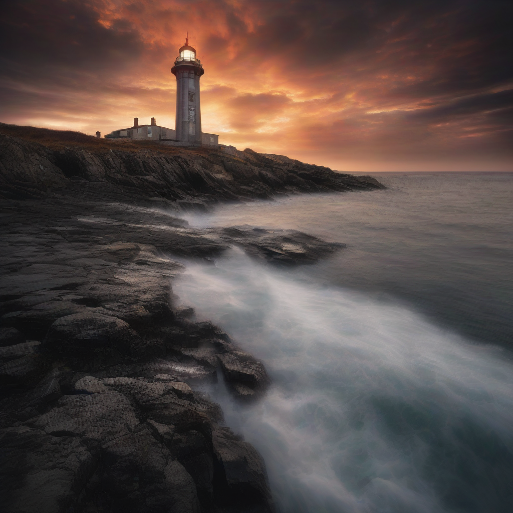 a lighthouse on a rocky coast at sunset, dramatic sky