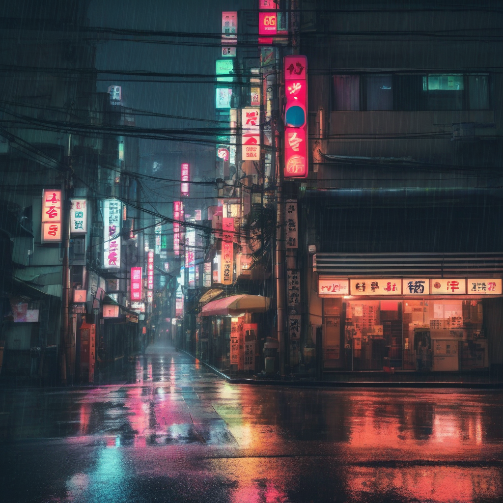 a neon-lit Tokyo street in the rain at night, cinematic