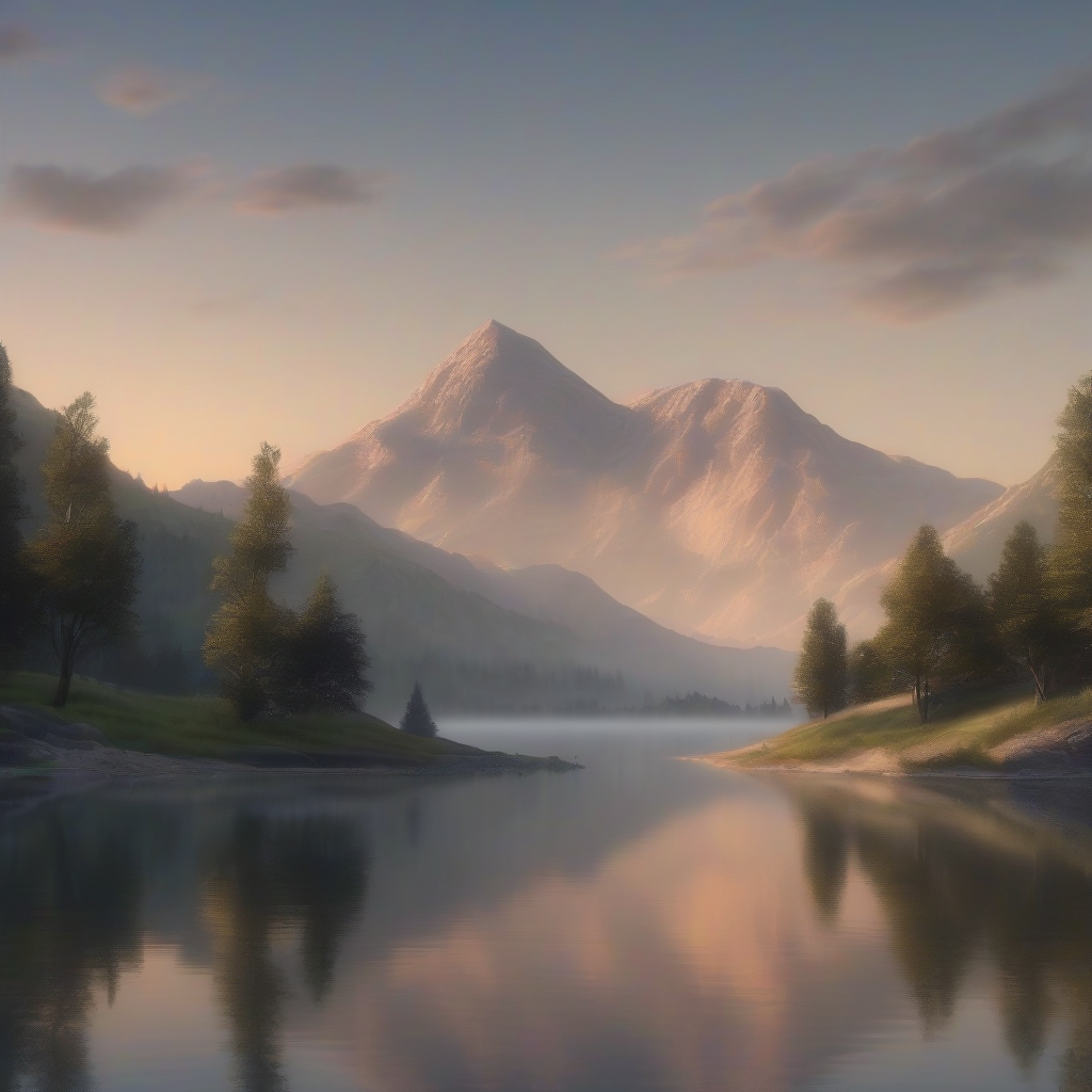 a serene mountain lake at dawn, photorealistic