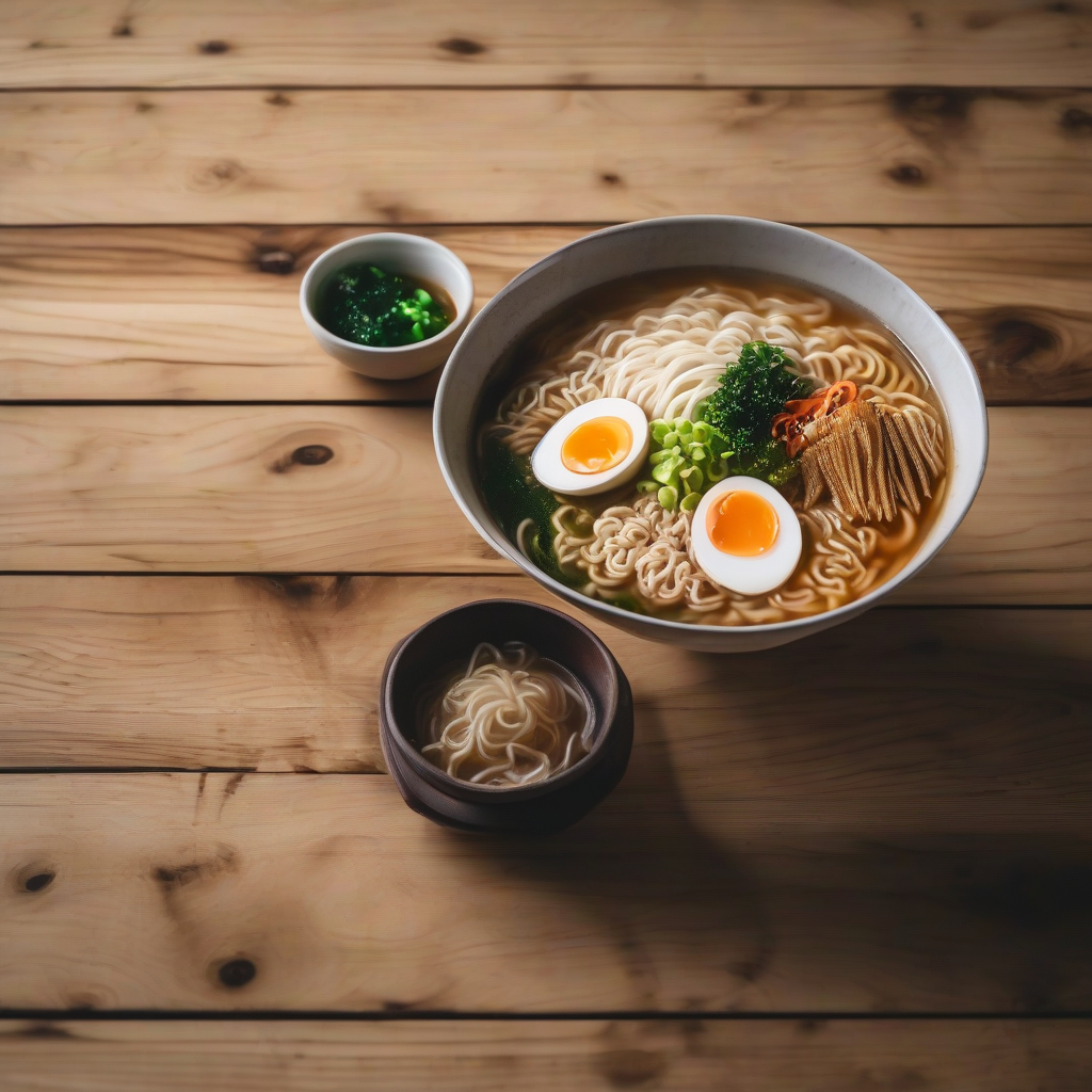 a steaming bowl of ramen on a wooden table, food photography