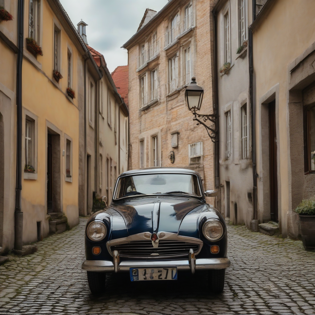 a vintage car on a cobblestone street in an old european town